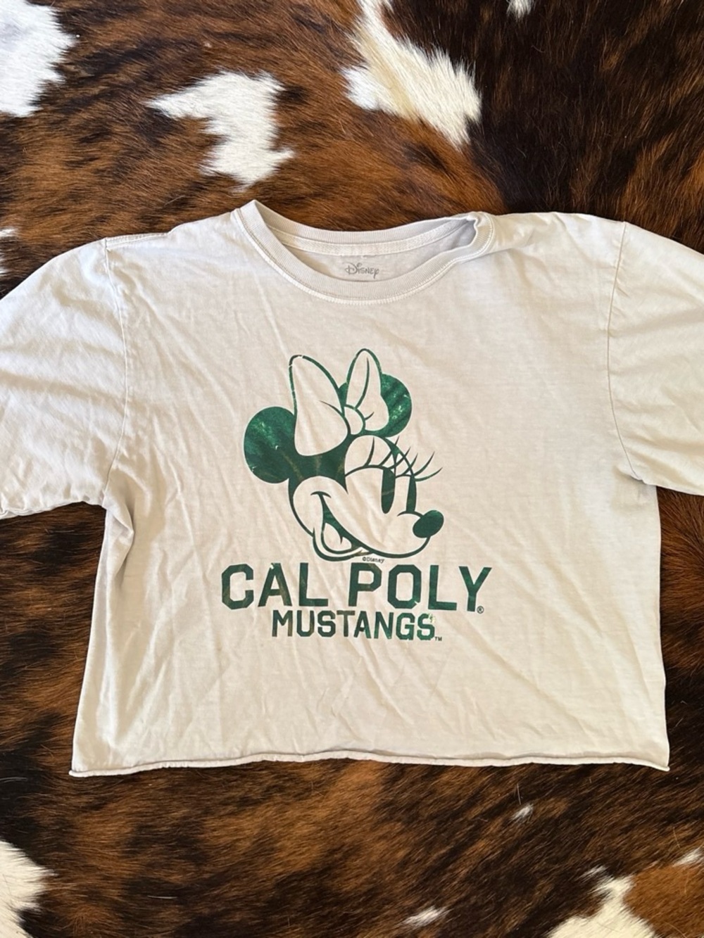 Disney White Crop Tee with Green Minnie Cal Poly Mustangs Graphic